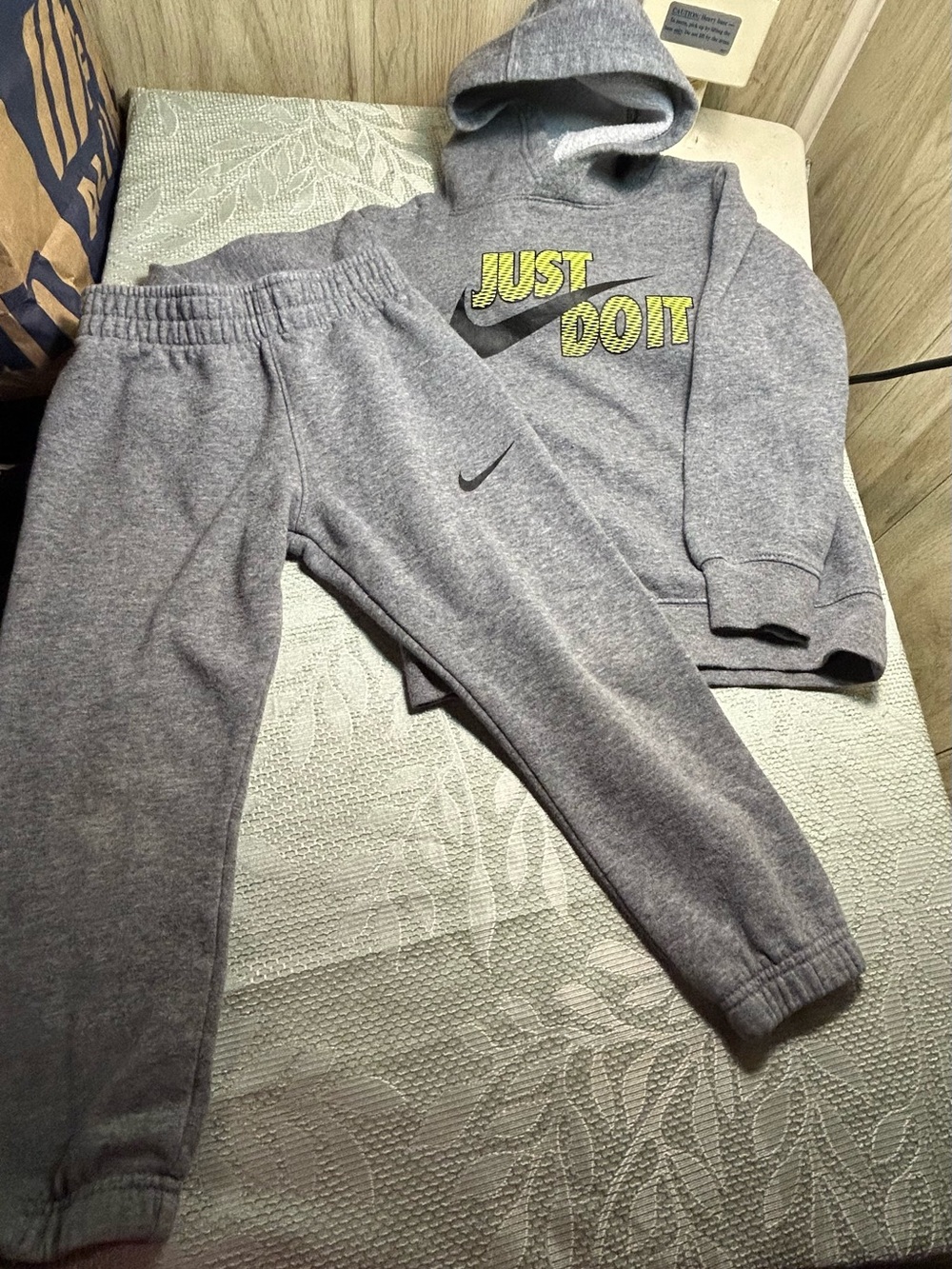 Nike Kids Gray Hoodie and Sweatpants Set with Yellow 'Just Do It'‎ Text
